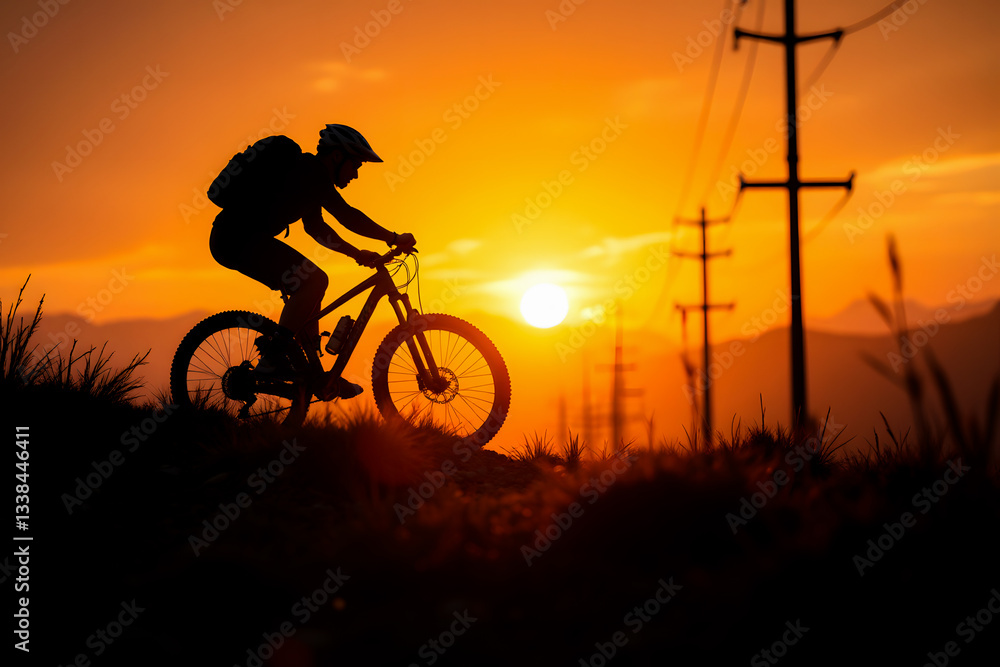 Obraz premium A cyclist captured in silhouette riding a mountain bike on a rugged path during golden hour.