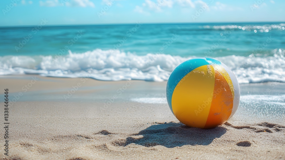 Obraz premium Colorful beach ball resting on sandy shore with gentle waves in background
