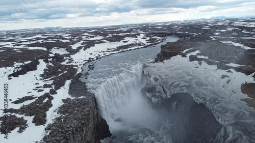 aerial footage of powerful epic dettifoss waterfall in iceland