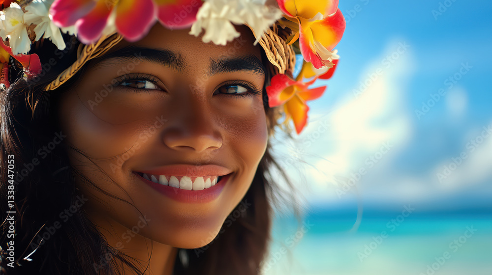 A happy pacific islander woman with a flower wreath is smiling at the camera, blue ocean on background. Concept of happiness and joy