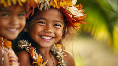 Pacific islander young girl with floral crown and necklace smiles warmly in a tropical setting