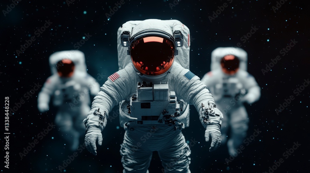 Three Astronauts with Reflective Visors Floating Through Dark Space Background Three Astronauts with Reflective Visors Floating Through Dark Space Background