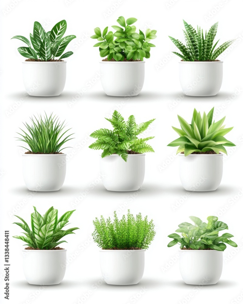 Fototapeta premium Collection of Diverse Potted Plants on White Background Showcasing Greenery and Botanical Variety for Indoor Decoration and Natural Ambiance