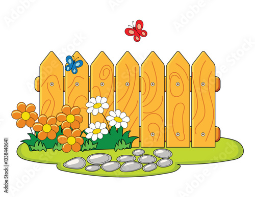 Charming Wooden Fence in a Blooming Garden with Fluttering Butterflies
