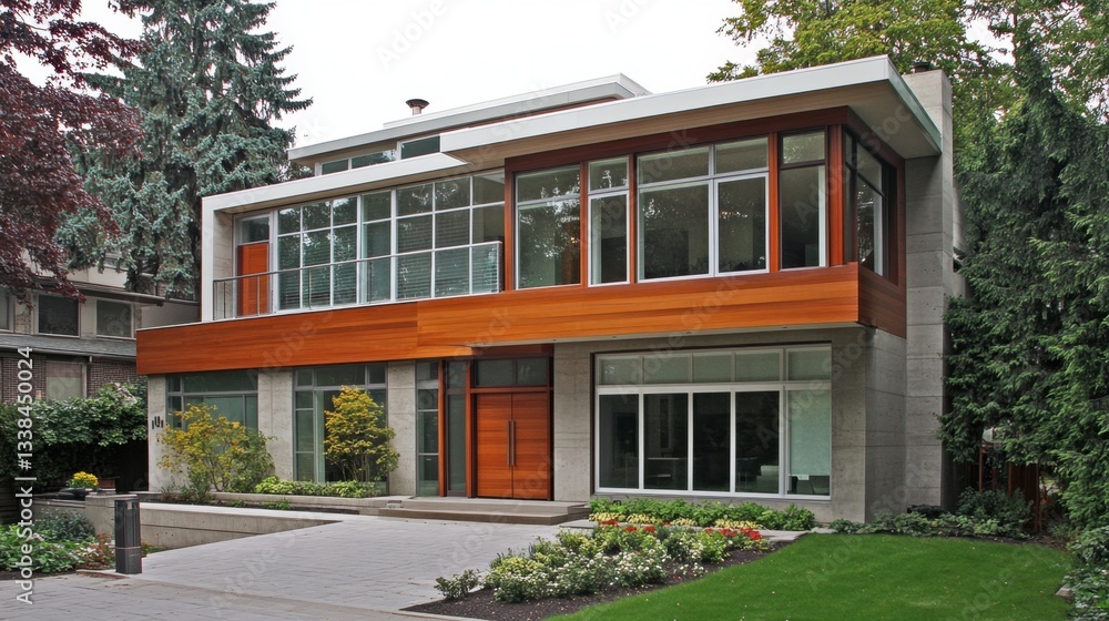 A contemporary two-story house with a combination of wood, glass, and concrete elements in its design. A contemporary two-story house with a combination of wood, glass, and concrete elements in its design.