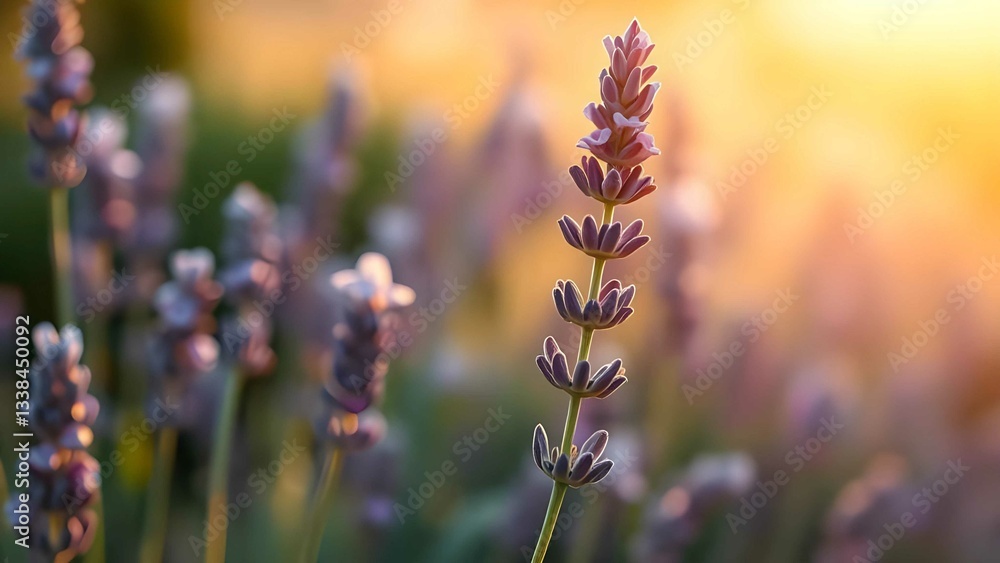 Obraz premium A serene lavender field in full bloom, bathed in golden sunlight at sunset, radiating beauty, tranquility, and a calming fragrance, perfect for relaxation, aromatherapy, and summer bliss