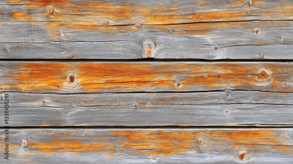 Obraz premium Weathered Gray Wooden Planks with Orange Paint Residue
