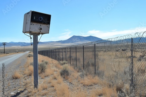 Surveillance camera monitors remote desert landscape near fenced area under clear blue sky