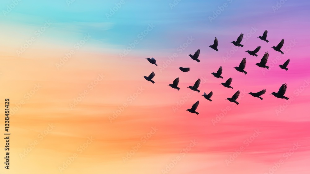 Obraz premium Silhouetted Birds Flying Against a Colorful Sunset Sky with Warm and Cool Tones
