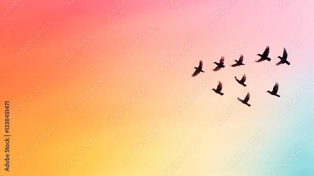 Fototapeta premium Birds Flying in Formation Against a Colorful Gradient Background at Dusk or Dawn