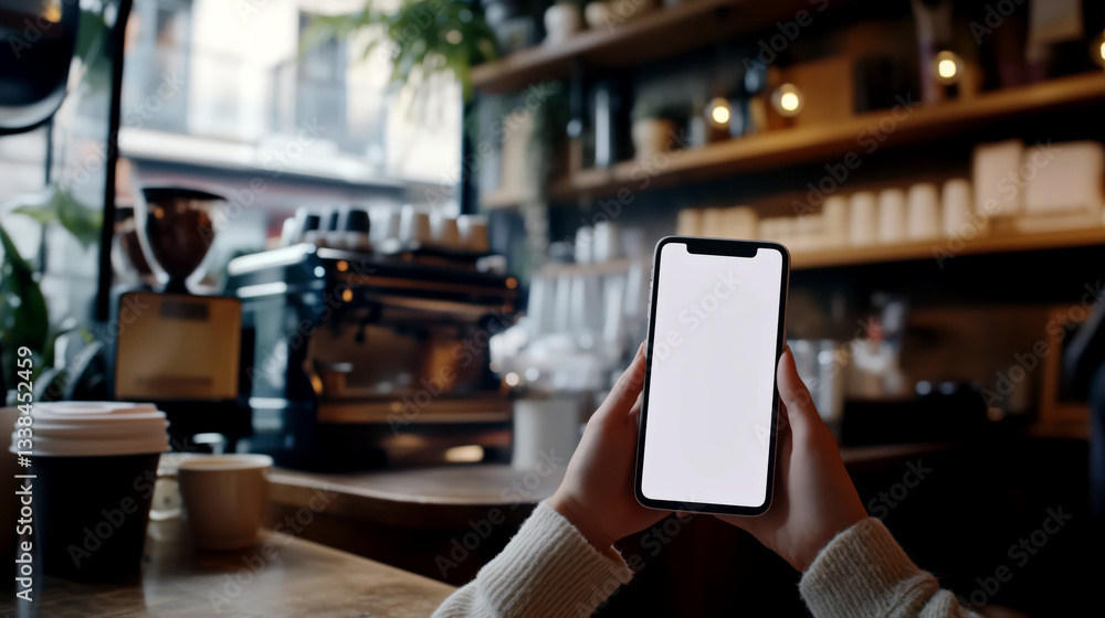 Woman holding and using mobile phone with mock up blank screen in coffee shop.