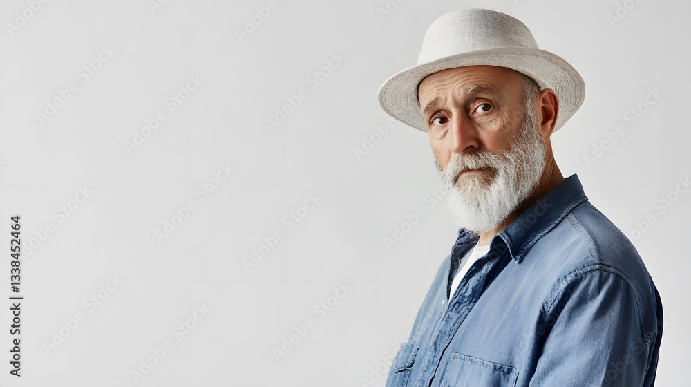 Portrait of stylish senior man wearing white hat and blue shirt on white background Portrait of stylish senior man wearing white hat and blue shirt on white background