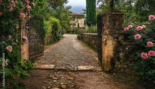 A beautiful, old garden with pink roses and a cobbled path leading to the villa, an iron gate, stone walls, and lush greenery.