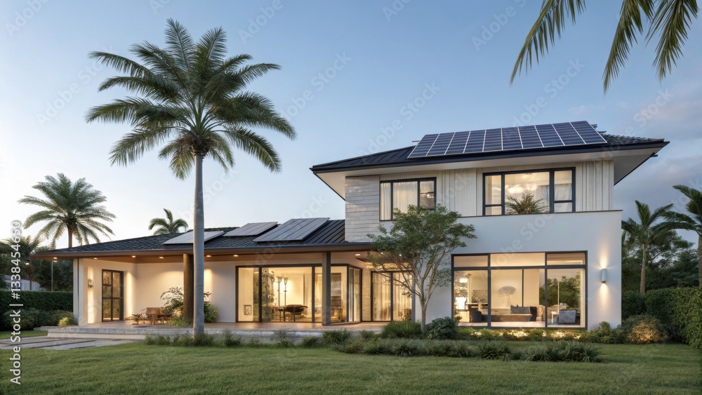 Fototapeta premium A modern, eco-friendly house with solar panels, surrounded by lush palm trees and a spacious lawn, showcasing contemporary architecture.