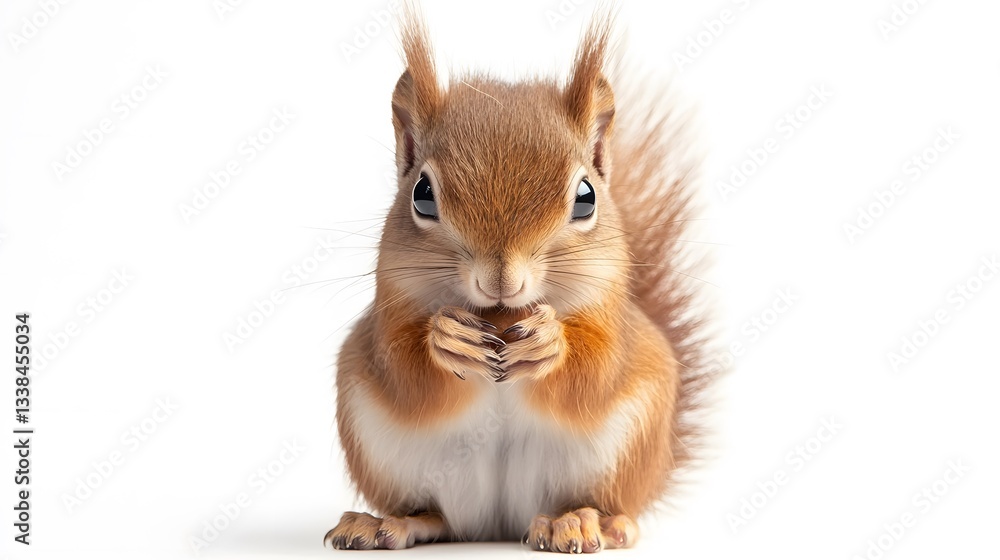 Obraz premium Cute red squirrel eating nut on white background