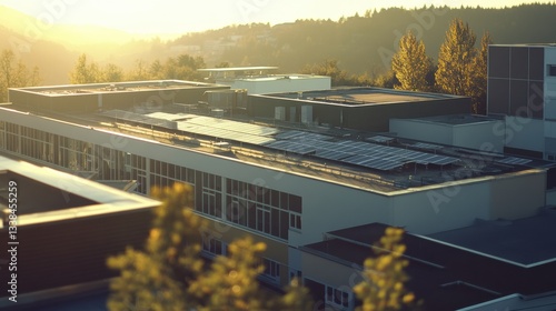 Solar-powered Hospital with Rooftop Energy Panels on a Sunny Day