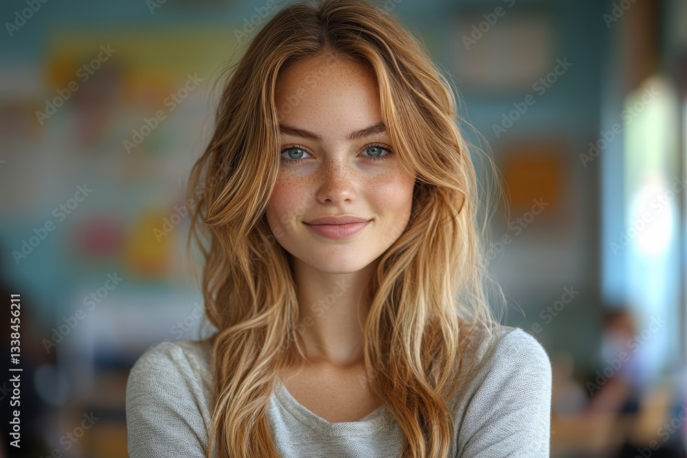 Young woman with long hair smiles warmly while standing in a casual indoor setting filled with soft colors Young woman with long hair smiles warmly while standing in a casual indoor setting filled with soft colors