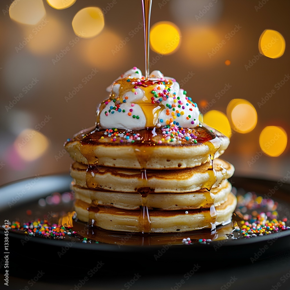 A stack of pancakes drizzled with maple syrup and topped with whipped cream and colorful sprinkles