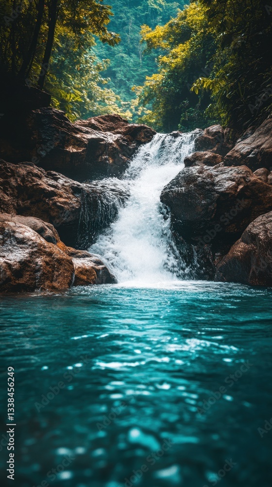 Serene Waterfall Cascading Through Lush Green Forest Rocks into Turquoise Pool Capturing Nature's Beauty and Tranquility in a Tropical Paradise Serene Waterfall Cascading Through Lush Green Forest Rocks into Turquoise Pool Capturing Nature's Beauty and Tranquility in a Tropical Paradise