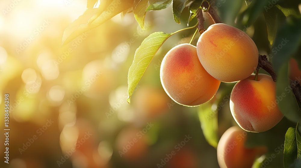 A close-up of ripe peaches hanging heavily from a tree branch, with the sunlight filtering through green leaves