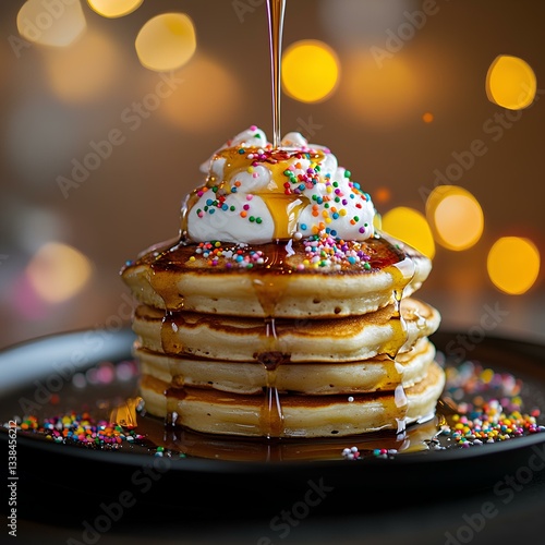 Obraz na płótnie A stack of pancakes drizzled with maple syrup and topped with whipped cream and colorful sprinkles w salonie