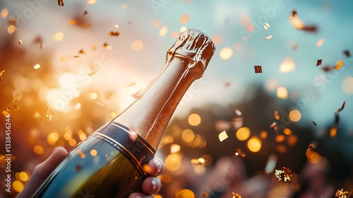 bottle of champagne being opened with a celebratory pop, with golden confetti flying in the air
