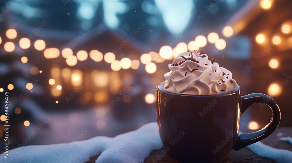 A cozy cafe serving hot chocolate topped with whipped cream