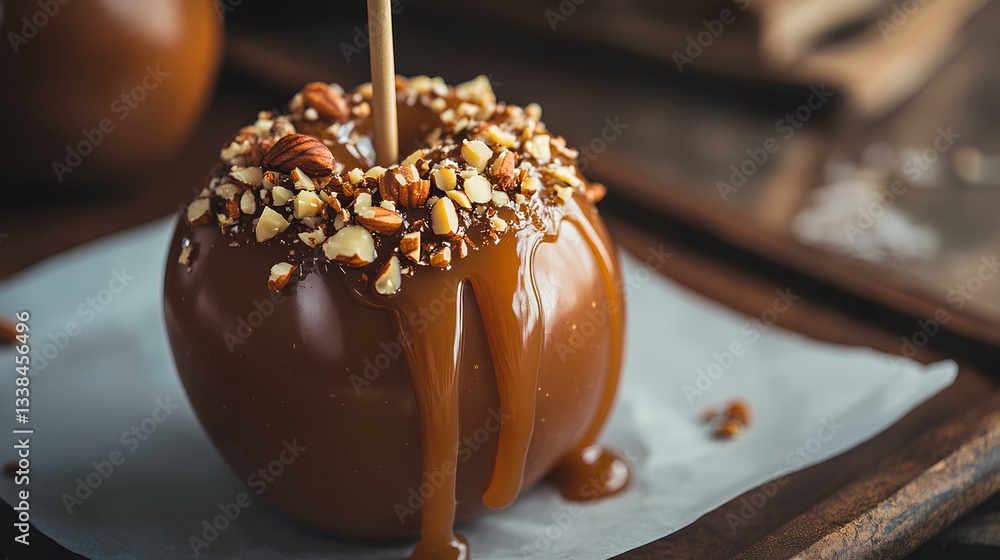 A candy apple dipped in caramel and coated with crushed nuts, resting on a parchment-lined tray.