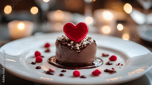 Obraz na płótnie A beautifully plated gourmet dessert with heart-shaped chocolate decorations, served on fine china in an elegant dining room w salonie
