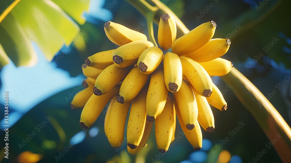 A banana tree with ripe yellow bananas hanging in a cluster