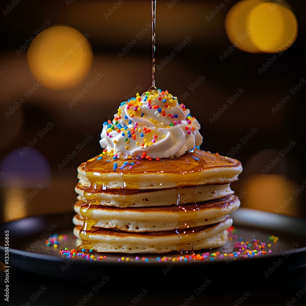 A stack of pancakes drizzled with maple syrup and topped with whipped cream and colorful sprinkles.