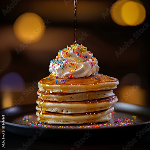A stack of pancakes drizzled with maple syrup and topped with whipped cream and colorful sprinkles. 