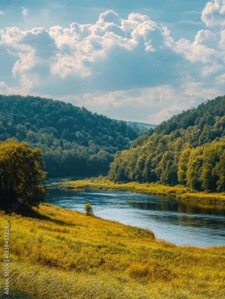 Fototapeta premium A serene river flows through a dense and vibrant green forest, surrounded by tall trees