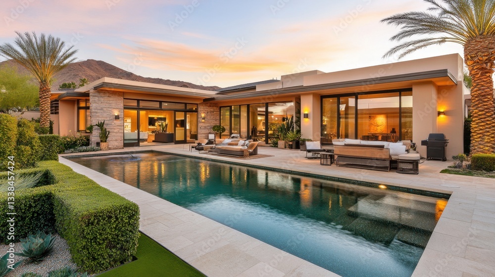 Fototapeta premium A futuristic single-story house with a geometric infinity pool, ambient lighting, and sleek contemporary details.