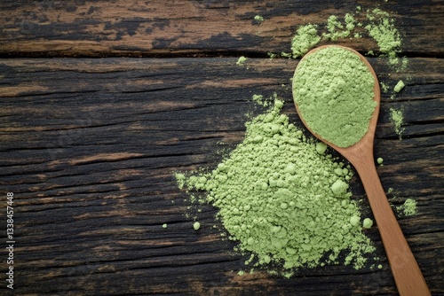 A wooden spoon filled with green powder sits on a wooden table, ready for use
