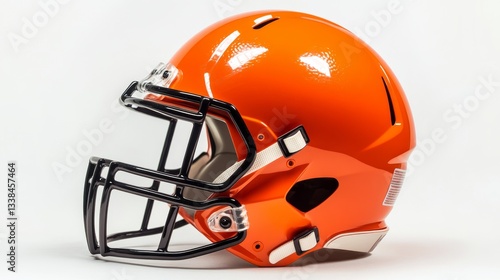 Side view of bright orange american football helmet isolated on white background, protective sports equipment used in professional and college tackle football for athlete safety and concussion prevent