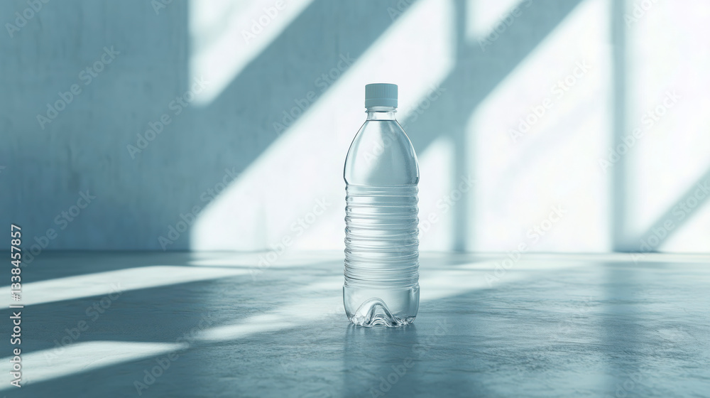 Clear Plastic PET water bottle, minimalistic design, clear bottle texture, placed on white background, water bottle mockup