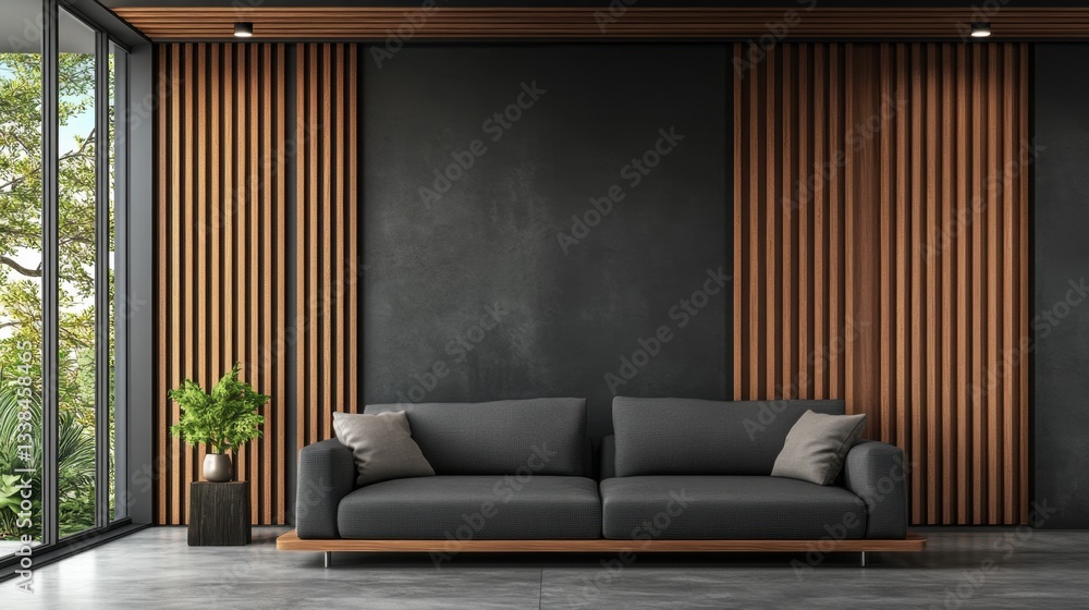 Modern living room interior with gray sofa wooden slat wall and lush green plant near window