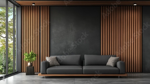 Obraz na płótnie Modern living room interior with gray sofa wooden slat wall and lush green plant near window w salonie