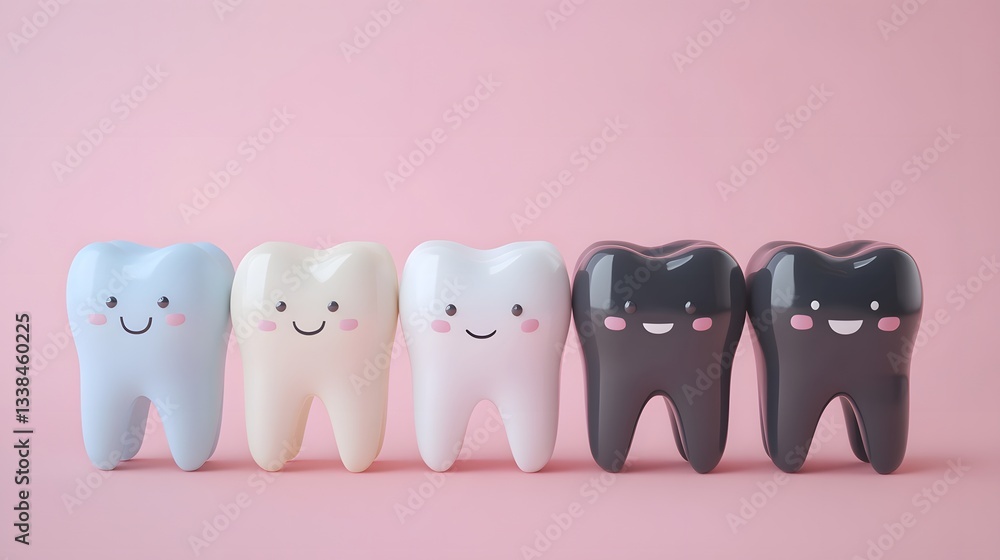 Fototapeta premium Cute teeth showing different stages of decay on pink background