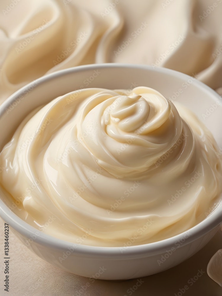 Close-up of luscious natural cream in an elegant white bowl with soft peaks and glossy sheen Close-up of luscious natural cream in an elegant white bowl with soft peaks and glossy sheen