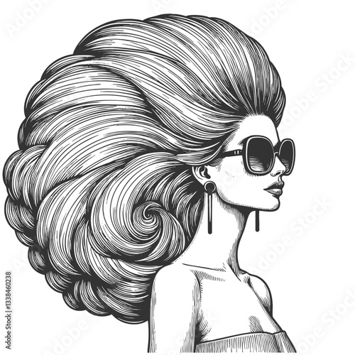fashionable woman with voluminous hair wearing stylish sunglasses, exuding confidence and glamour sketch engraving generative ai vector illustration. Scratch board imitation. Black and white image.