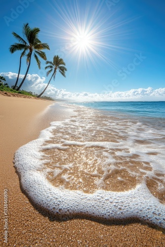 A beautiful, sunny day at the beach in Hawaii, with palm trees and crystal-clear water, perfect for vacation photography.