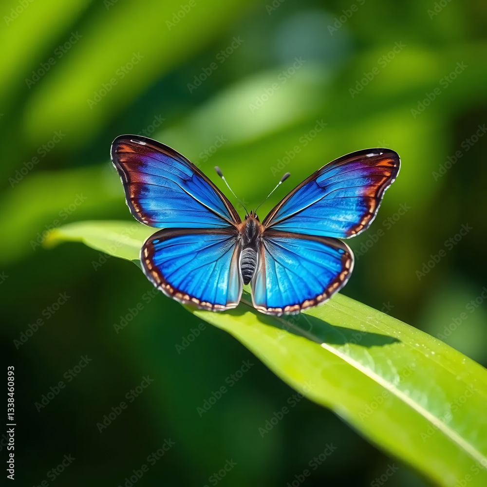 Naklejka premium Blue Butterfly on Green Leaf