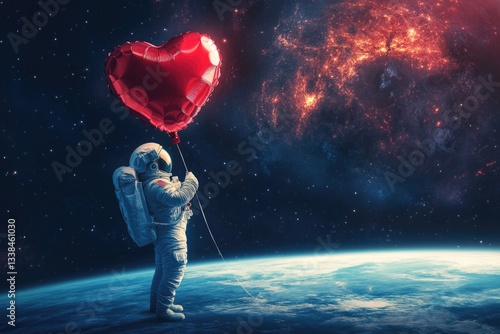 Astronaut holds a heart-shaped balloon in space,