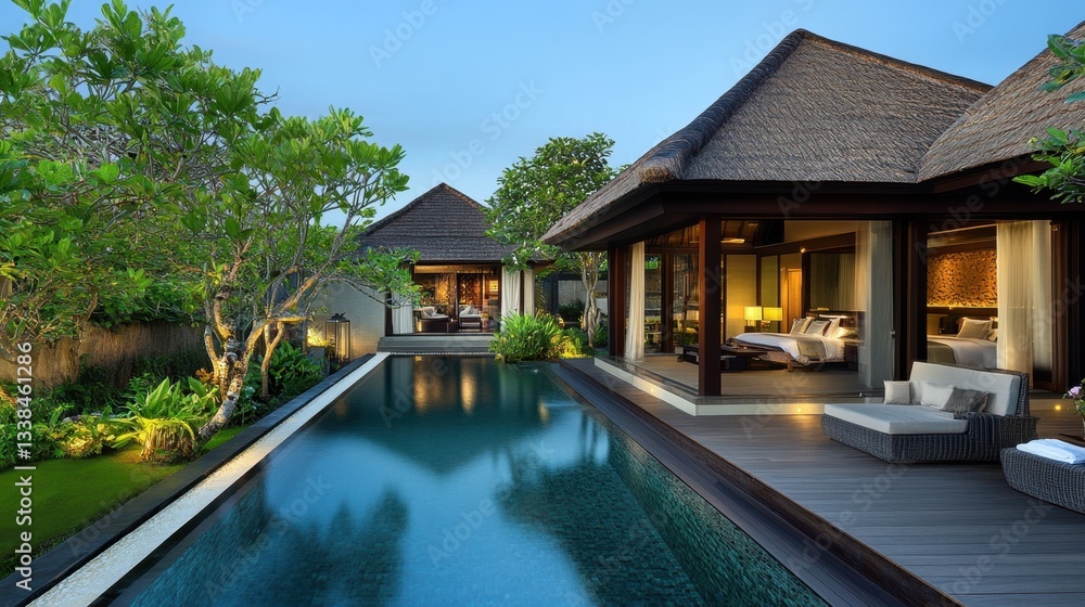 A high-end modern home featuring a private swimming pool, elegant wooden deck, and lush green surroundings. A high-end modern home featuring a private swimming pool, elegant wooden deck, and lush green surroundings.