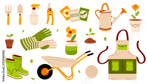 A collection of gardening tools and equipment, including gloves, a watering can, a wheelbarrow, an apron, plant pots, and seed packets. Perfect for garden-themed designs and projects
