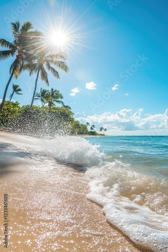 A beautiful, sunny day at the beach in Hawaii, with palm trees and crystal-clear water, perfect for vacation photography.