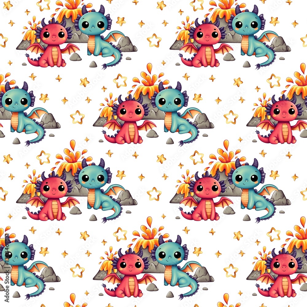 Fototapeta premium Children's seamless pattern. Cute dragons, blue and red. Erupting volcanoes and golden stars.