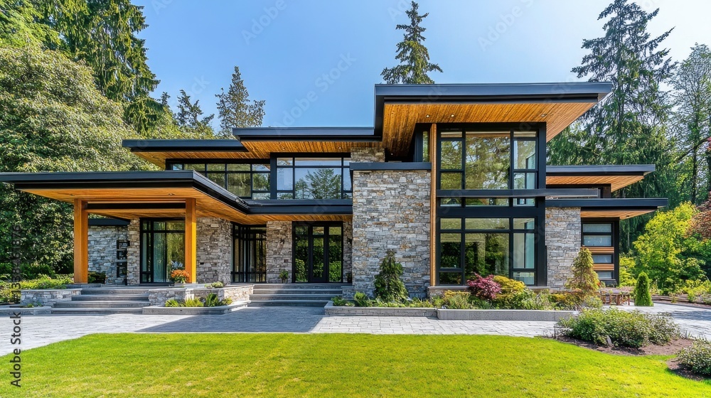 Fototapeta premium A high-end modern villa with a flat roof, showcasing a sophisticated stone and wood facade.